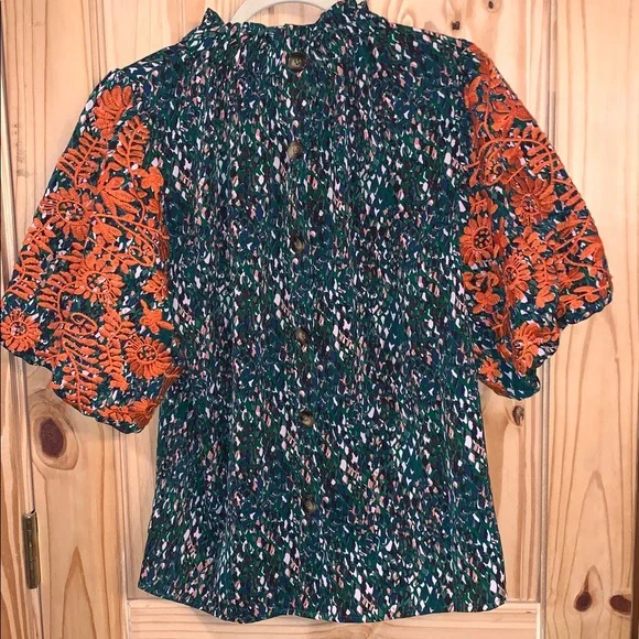 THML Vibrant Floral Puff Sleeve Blouse - Orange and Green - Picture 4 of 7